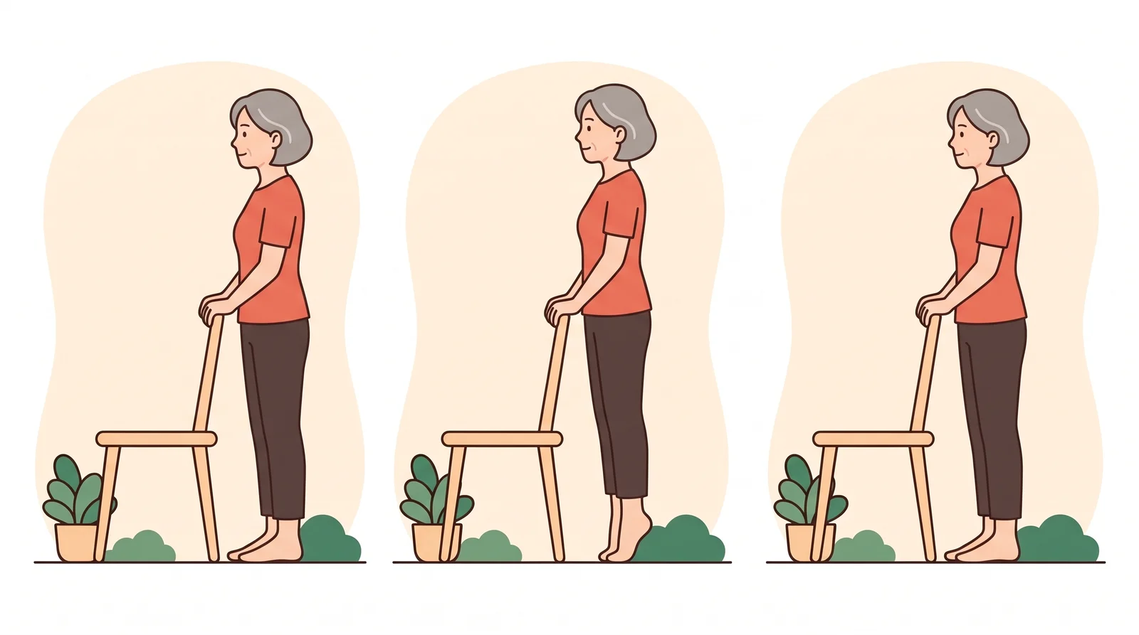 かかと上げの3つの段階:椅子の背につかまって立つ、かかとを上げてつま先立ちになる、ゆっくり下ろす